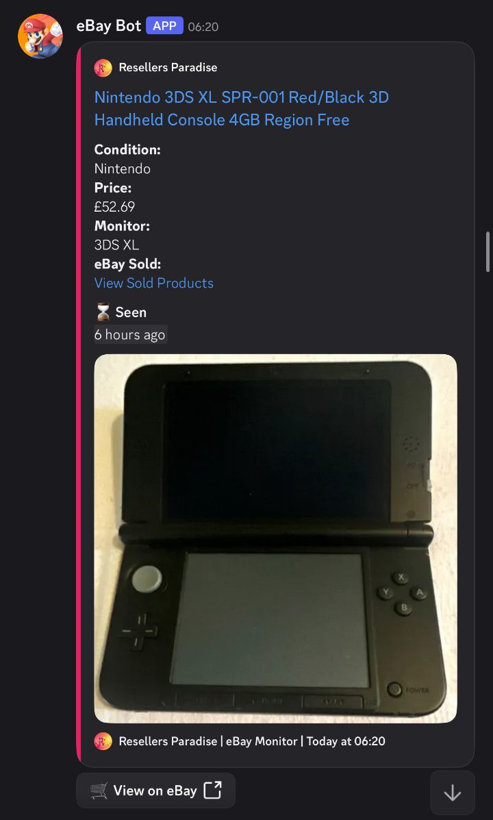 RP eBay Monitor DM: Nintendo 3DS XL SPR-001 Red/Black console listed at £52.69, monitor named 3DS XL, with a View Sold Products link and a View on eBay button
