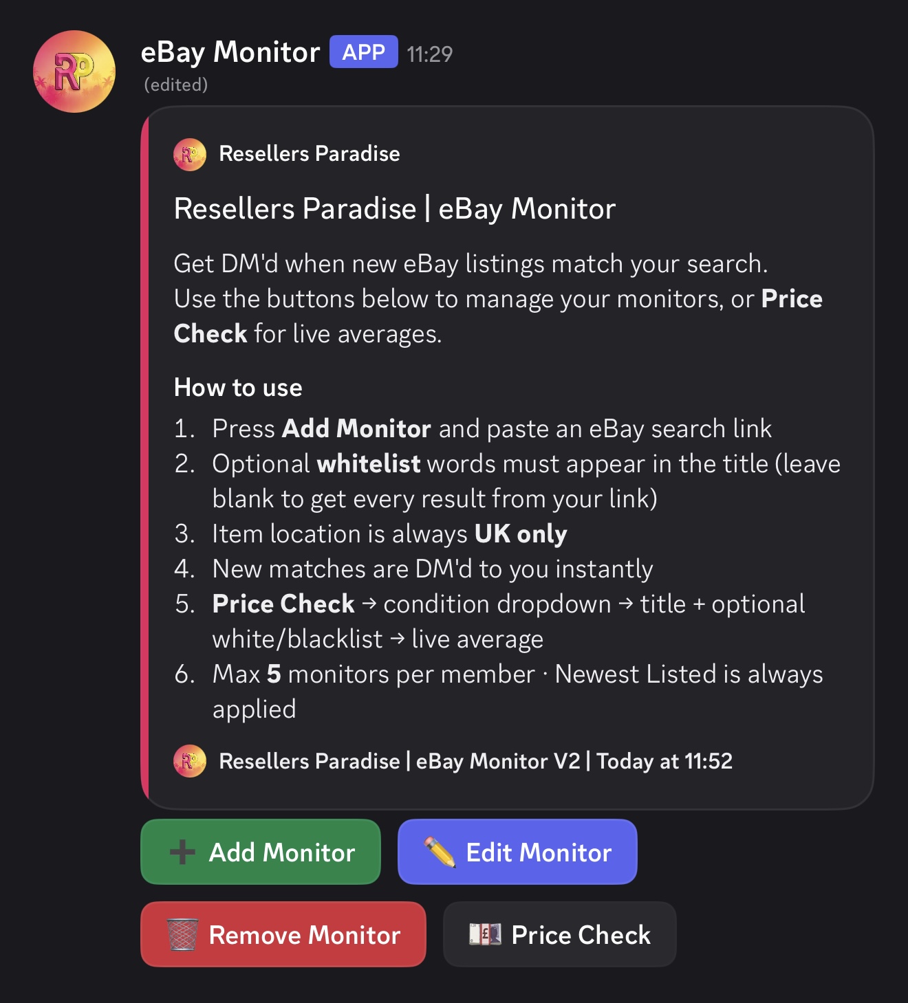 The RP eBay Monitor panel in Discord: how-to-use instructions and four buttons, Add Monitor, Edit Monitor, Remove Monitor and Price Check