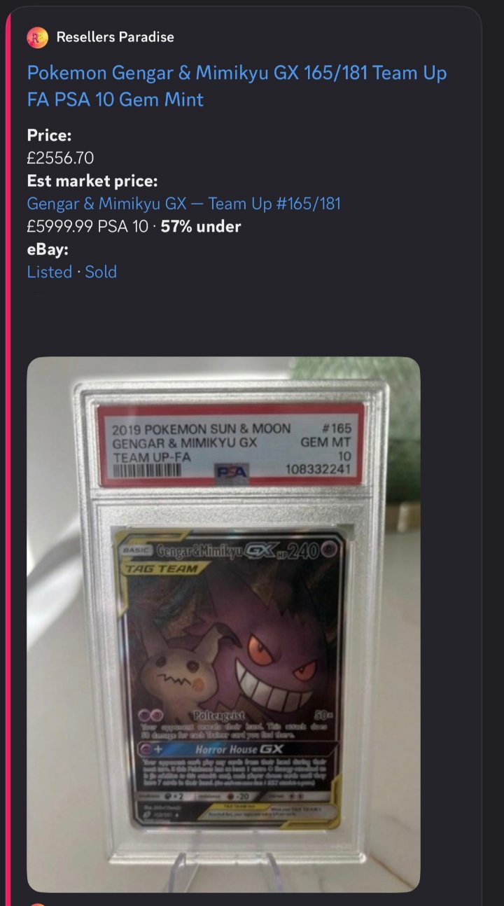 RP Pokémon eBay alert: Gengar and Mimikyu GX 165/181 Team Up PSA 10 listed at £2,556.70 against an estimated market price of £5,999.99, flagged 57% under