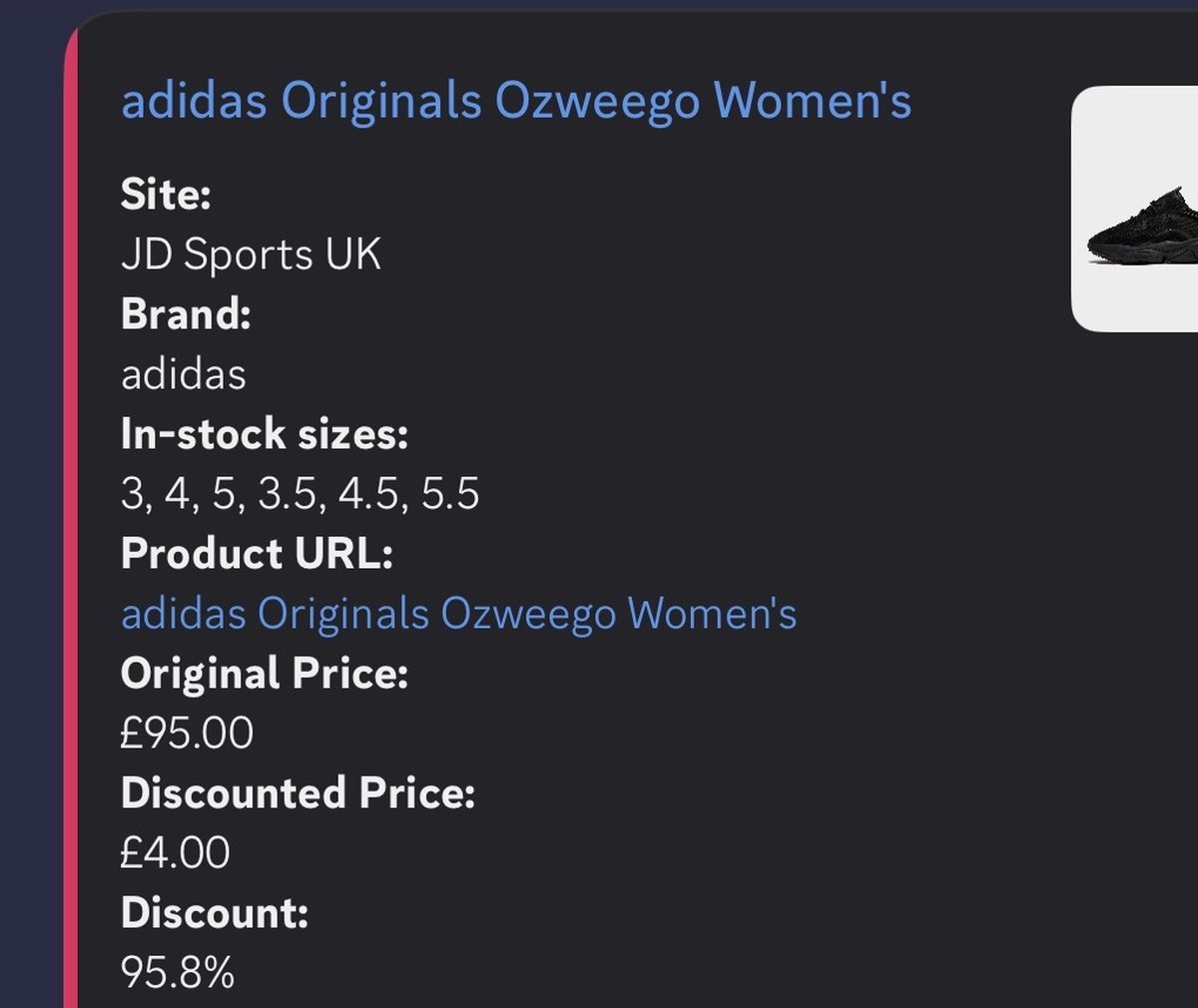 Resellers Paradise discount monitor alert: adidas Originals Ozweego at JD Sports, £95 down to £4